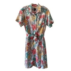 D1 Peter Ashley Petites Vintage 80s Floral Shirt Dress Belted Union Made Size 16